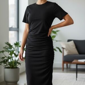Black Ruched Midi Dress with Short Sleeves